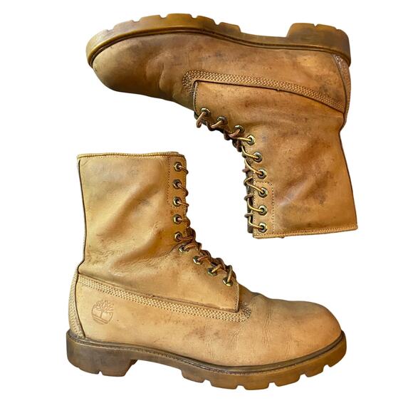 Timberlands Lace Up Combat Boots Men Sz 14 Tan Leather Made in USA Vintage Y2K - Picture 1 of 10
